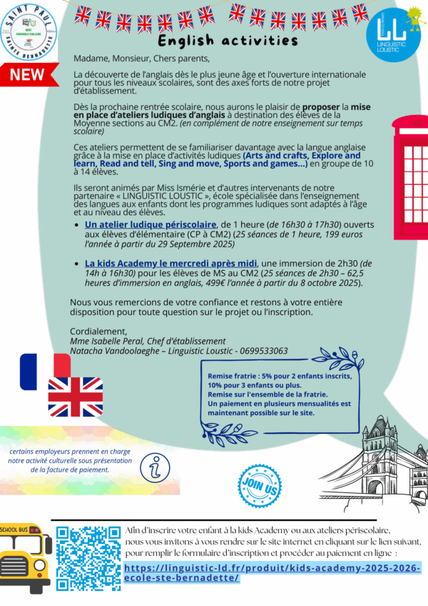 Ateliers en Anglais - 2025-2026 - École Sainte Bernadette, Roubaix – Image 2