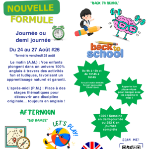 Stage(s) Anglais « Back to School » et/ou « Big Games » à l’école La Croix Blanche, Bondues – 24-27 Aout 2026