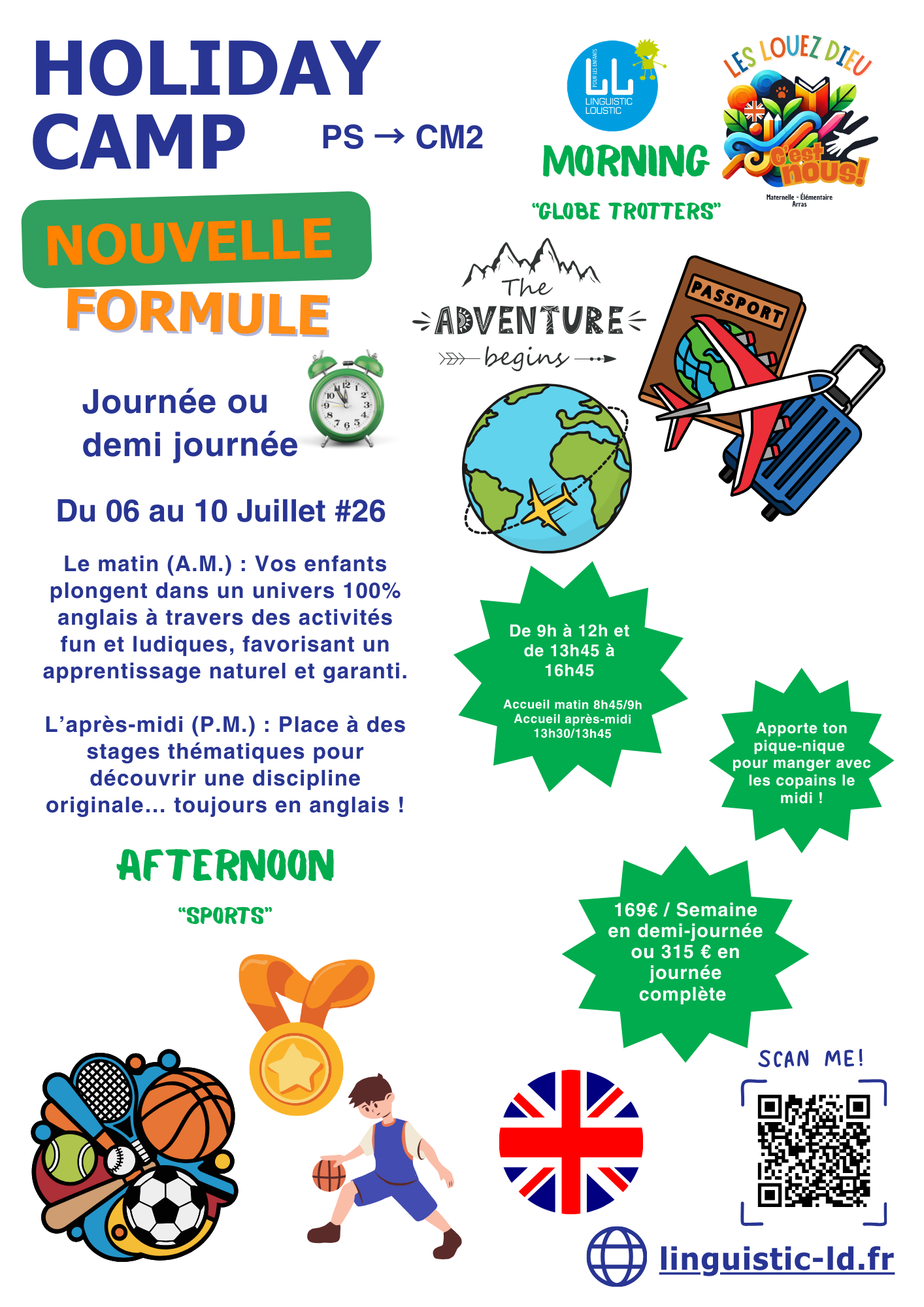 Stage(s) Anglais « Globe Trotters » et/ou « Sports » à l'école Les Louez Dieu, Arras - 06-10 Juillet 2026